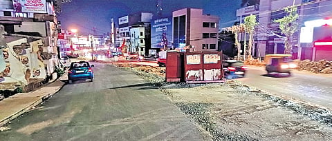 The stretch at Kallampally in Sreekaryam where work on the service road for the flyover is progressing