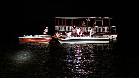 Rescue operation underway after a cruise boat carrying 29 passengers overturned in the Bargi dam reservoir due to a sudden storm, in Jabalpur district, Madhya Pradesh, Thursday, April 30, 2026.