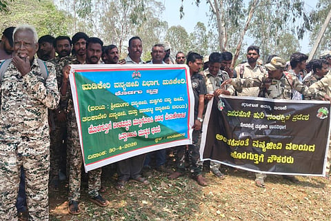 Forest department’s temporary employees stage a protest in support of their demands in Bandipur on Thursday.