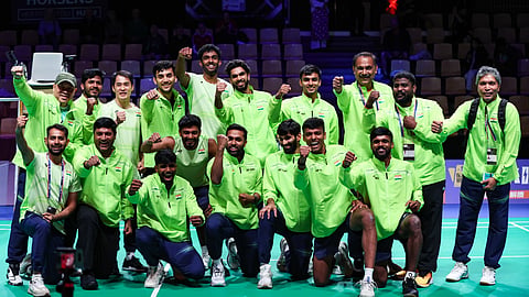 Team India celebrating their semifinals spot at the BWF Thomas Uber Cup Finals
