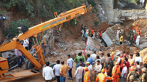 A rescue operation is underway after an under-construction bridge collapsed on Bantalab Road, on the outskirts of Jammu, Friday, May 1, 2026.