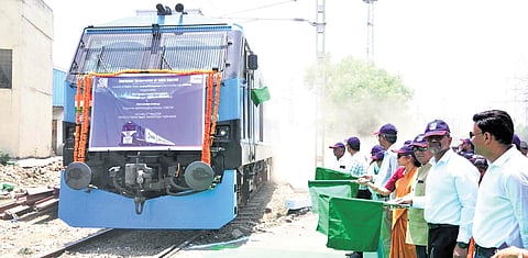 SCR officials flag off the Aushadhi Express from the Inland Container Depot (ICD) at Sanathnagar in Hyderabad on Saturday