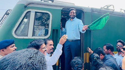 Kakinada MP Tangella Unday Srinivas flag off Kakinada-Mysore ragular train on Friday.