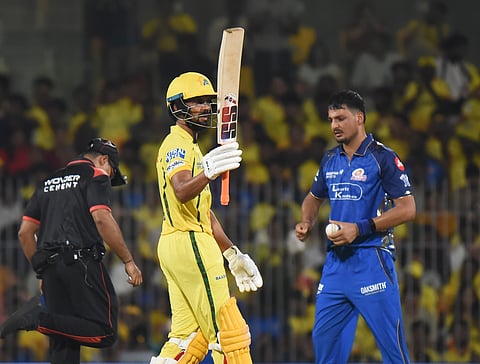 CSK skipper Ruturaj Gaikwad celebrates after reaching his half-century against MI on Saturday