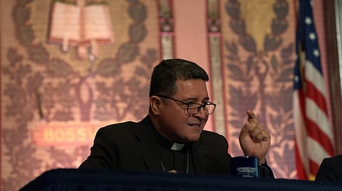 Auxiliary Bishop Evelio Menjivar-Ayala speaks on a panel about immigration at Georgetown University in Washington, Thursday, Sept. 11, 2025.