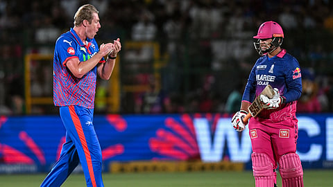 Delhi Capitals' Kyle Jamieson celebrates the wicket of Rajasthan Royals' Vaibhav Sooryavanshi during their IPL 2026 match at Narendra Modi Stadium, in Ahmedabad on Thursday.