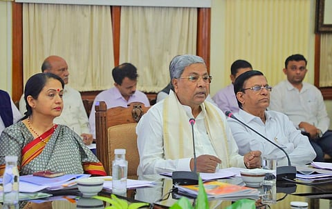 CM Siddaramaiah chairs a progress review meeting with officials in Bengaluru on Saturday. Chief Secretary Shalini Rajneesh and CM’s economic advisor Basavaraj Rayareddy are also seen.