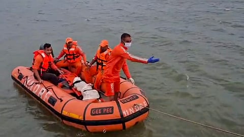 Rescue personnel conduct a search operation after the cruise boat tragedy that occurred on Thursday, in Jabalpur district, Madhya Pradesh, Sunday, May 3, 2026.