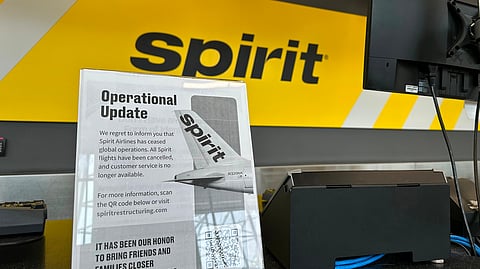 A sign announces Spirit Airlines’ shutdown on Saturday, May 2, 2026, at Hartsfield-Jackson Atlanta International Airport in Atlanta.