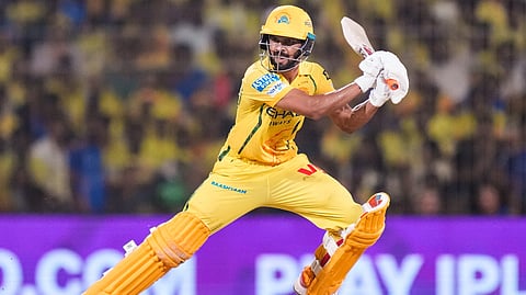 CSK's captain Ruturaj Gaikwad plays a shot during an IPL 2026 T20 cricket match between Chennai Super Kings and Mumbai Indians, in Chennai, Tamil Nadu, Saturday, May 2, 2026.