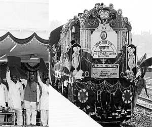 NEW ERA: A train being flagged off by Maharashtra Governor SC Jamir, Union Minister of State for Railways Rathwa and others to run on the newly-laid