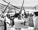 Police paying gun salute to Carnatic music maestro Mavelikkara Prabhakara Varma during the funeral at Tripunithura on Monday.