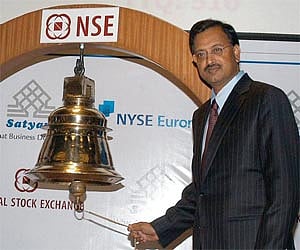 Founder Chairman, Satyam Computer Services Ltd Ramalinga Raju ringing the bell at the company listing ceremony at NSE  in Mumbai. (PTI: File Photo)