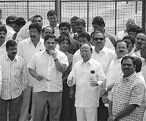 Leaders of the Praja Rajyam party T Devender Goud and Allu Arvind (second and third from left) supervising the arrangements for the party’s praja vija