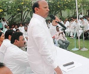 T Devender Goud addressing his followers at his residence in Hyderabad on Monday