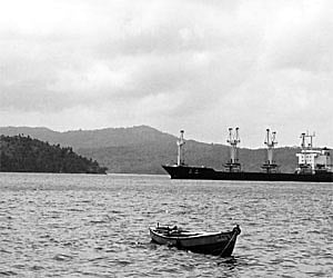 A police marine boat of the Andaman and Nicobar Police guarding the North Korean ship (R) detained at Port Blair for unauthorised anchoring off the An