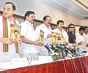 BJP election in-charge for southern states, M Venkaiah Naidu (third from left) with party’s other alliance partners during a press conference, in the