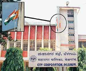 The corporation building with Bhagava flag alongside the Tri-colour.
