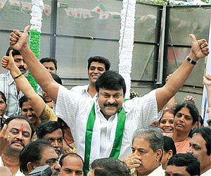 Praja Rajyam Party president Chiranjeevi flashing a thumbs up sign at the party’s first anniversary celebrations at the PRP office in Hyderabad on Wed
