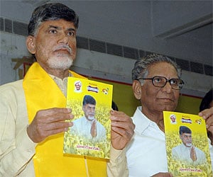 PROMISES GALOR E: TDP president N Chandrababu Naidu along with senior leader Ummareddy Venkateswarulu releasing the party manifesto in Hyderabad.