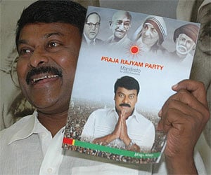AIMS AT SOCIAL UPLIFTMENT: Praja Rajyam party president releasing the party’s manifesto in Hyderabad on Monday.
