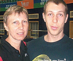 Quite a pair: Svetlana Ziberman with her son Misha at the GMC Balayogi-SAAP indoor stadium, the venue of the Badminton World Championship, on Saturday