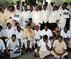 Opposition leader and TD president N.Chandrababu Naidu addressing the suspended legislators staging a dharna at Gun Park in Hyderabad on Thursday.