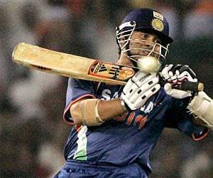 Sachin Tendulkar hits a shot during the third one day international cricket match between India and Sri Lanka, in Cuttack. (AP)