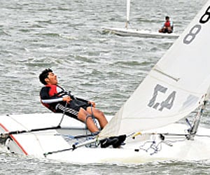 Gaurav Pikale of EME Sailing Club in action in the Laser 4.7 category of the National Laser  Regatta Championship at Hussainsagar lake in Hyderabad.
