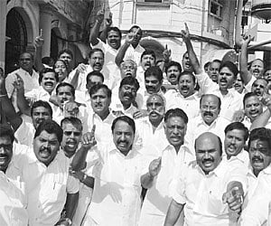 AIADMK MLAs raise slogans after being evicted from the Tamil Nadu Assembly on Friday/A S Ganesh.