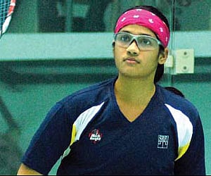 Anwesha Reddy (right) during her match against Randima in the Asian Junior Squash Championship on Tuesday/D Sampath Kumar.