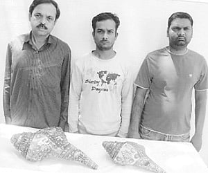 The three accused, Rahmatullah, Mohd Saleem and S Madhu Shekhar from whom the rare conches were recovered.