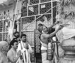 Dhwajarohanam being performed at Venkateswara temple in Rishikesh on Thursday to mark the commencement of annual Brahmotsavams.