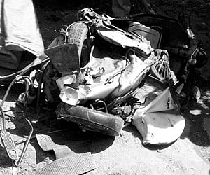 The scooter that got damaged when a private bus ran over four people near Ghati Subramanya Temple.