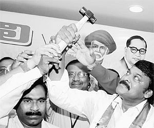 Praja Rajyam president Chiranjeevi participating in the May Day celebrations at the party office in Hyderabad on Friday