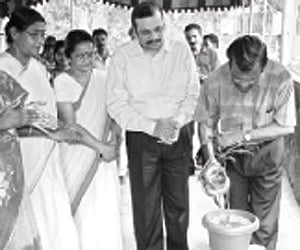 Dr Harikrishnan Nair, dean, College of Agriculture, Vellayani, planting a sapling at P R S Pillai Memorial Balavikas Institute, Peroorkada