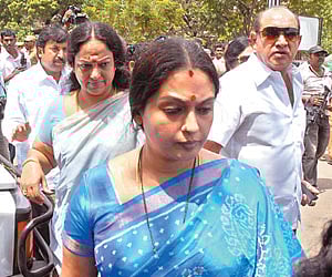 Actors Seetha, Nalini (L) and Vijayakumar (R) at the Police Commissioner’s office in Chennai.
