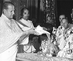 Priests performing Abhishekam to the deities at Iskcon’s Radha Govinda temple in Tirupati on Sunday