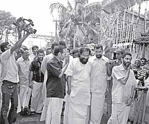 K J Yesudas being received at the Sree Pampinkavu Temple at Pampady near Thiruvilwamala on Monday.