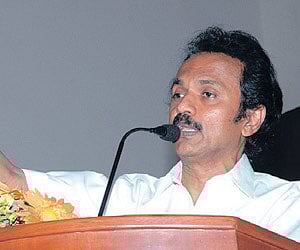 Deputy Chief Minister M K Stalin speaking at the inauguration of Samathuvapuram in Tiruchy on Sunday.