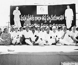 Congress leaders at a meeting organised at CSI Grounds in Pulivendula on Wednesday in memory of former chief minister YS Rajasekhara Reddy.