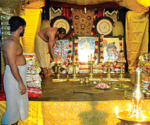 Books placed for pooja at the Navarathri Mandapam of the Koothambalam at the Sree Krishna temple, Guruvayur, on Saturday.