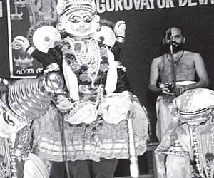 Vishwaroopa dharshanam, the most important scene from avatharam krishnanattom, being staged at Poonithura Kottaram Sree Krishna temple on Sunday as pa