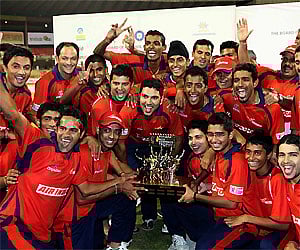 Air India Red Captain Yuvraj Singh with the team mates celebrates their win over Air India blue during the BCCI corporate cup final match. PTI