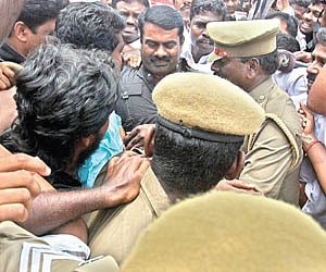IN BIG TROUBLE: Noted film director and Naam Thamizhar Party founder Seeman being arrested in the city on Monday.