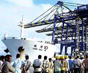 The Panamax quay cranes on board MV Zhen Hua, bound for the ICTT at Vallarpadom, berthed near Ernakulam wharf on Thursday.