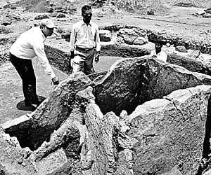 FROM THE IRON AGE: Officials inspecting a megalithic monument at Sengalur in Pudukkottai.