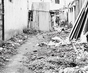 Garbage dumped on the road leading to a slum in Ganganagar. ENS