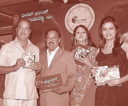(From left) Srinivas of Listo Media Entertainment, Tilak, Chalapathi, Jagannatha, Tungasree and Swetha at the audio launch. ENS