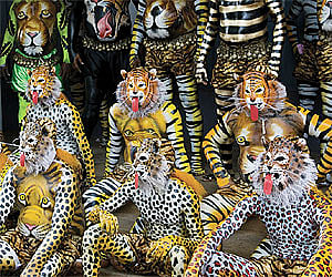 Traditional Pulikali dancers painted to resemble tigers in Thrissur. The 200-year-old folk dance is performed on the fourth day of Onam. (IANS Photo)